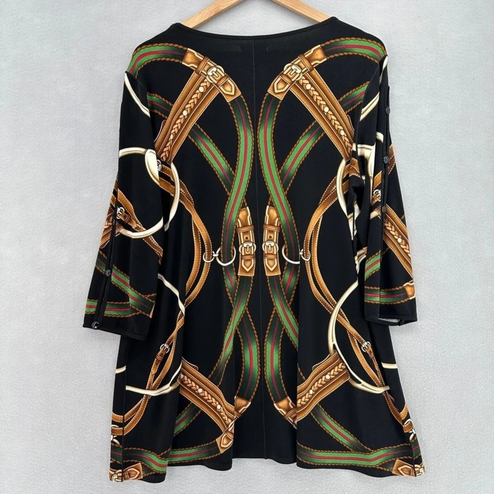 Eva Varro Equestrian Tunic Top Black Equestrian Belt Buckle Print 3/4 Sleeve USA - Picture 2 of 8